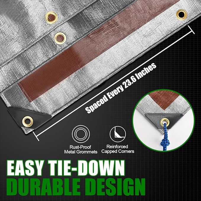 Sunvigor Tarp Waterproof 8x16Ft, Extra Thick 14 Mil Heavy Duty Tarp Cover, Tear & Fade Resistant, Outdoor Tarps with Brass Grommets and Reinforced Edges for Roof, Camping, Patio, Boat (Silver/Brown)