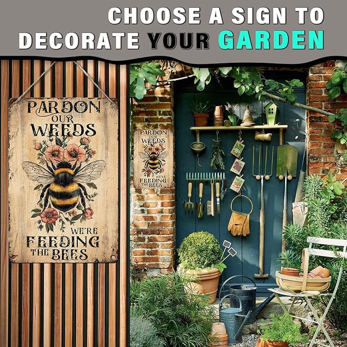 PEACHGARDEN Vintage Garden Decor Patio Outdoor Wall Decor Pardon The Weeds We Are Feeding The Bees Wildflowers Metal Sign Summer Garden Decor Yard Sign Outdoor Decor 8x12inch