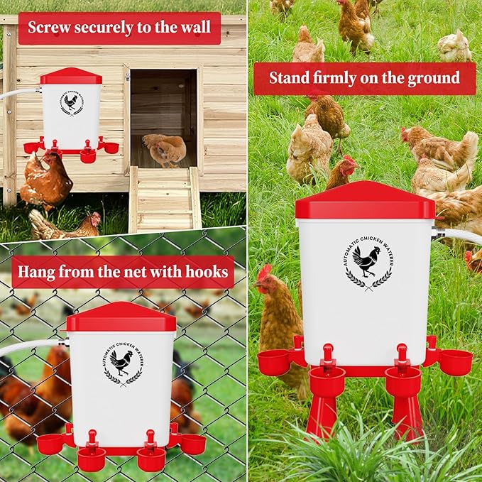 Chicken Waterer, 3 Gallons Automatic Chicken Waterers with 5ft Pipe, Float Controlled Automatic Poultry Water Feeder, 5 Chicken Waterer Cups (Red, 3 Gallons)