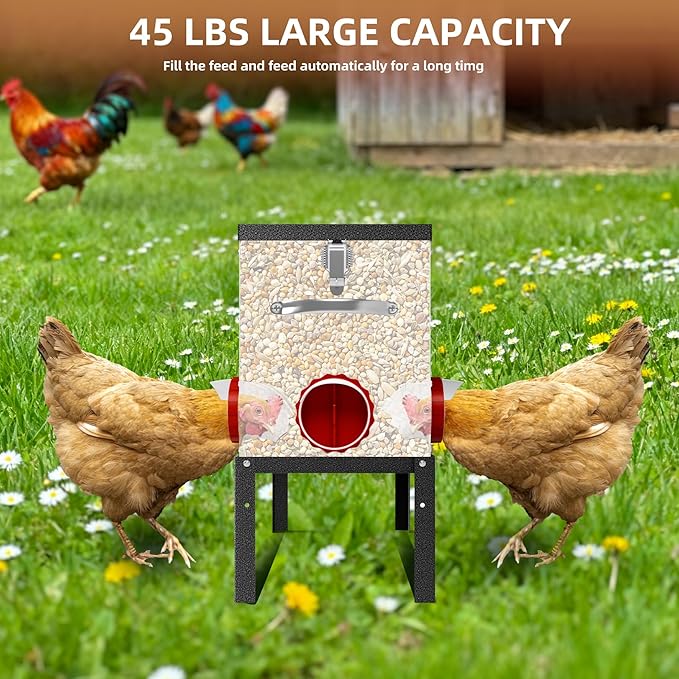 Automatic Chicken Feeder No Waste 50 Pounds 8 Ports Metal Poultry Feeder with Latch & Handle Adjustable Height Heavy-Duty Stand - Outdoor Feeding Station for Chickens, Ducks & Geese(Black-50LB-8Port)