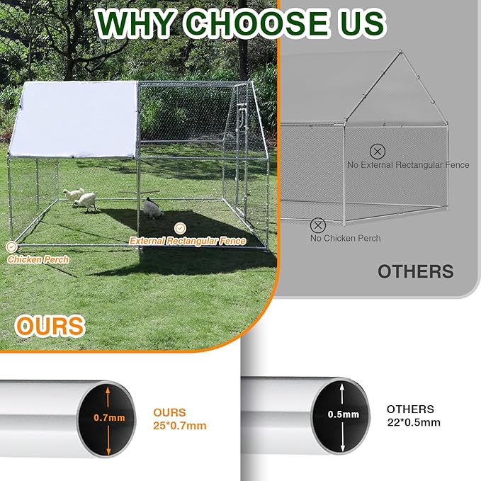 Large Metal Chicken Coop 9.8 x 9.8 x 6.6 ft Walk in Chicken Runs for Yard with Cover & Perch, Chicken House for Duck Rabbit, Chicken Pen for Outdoor Backyard