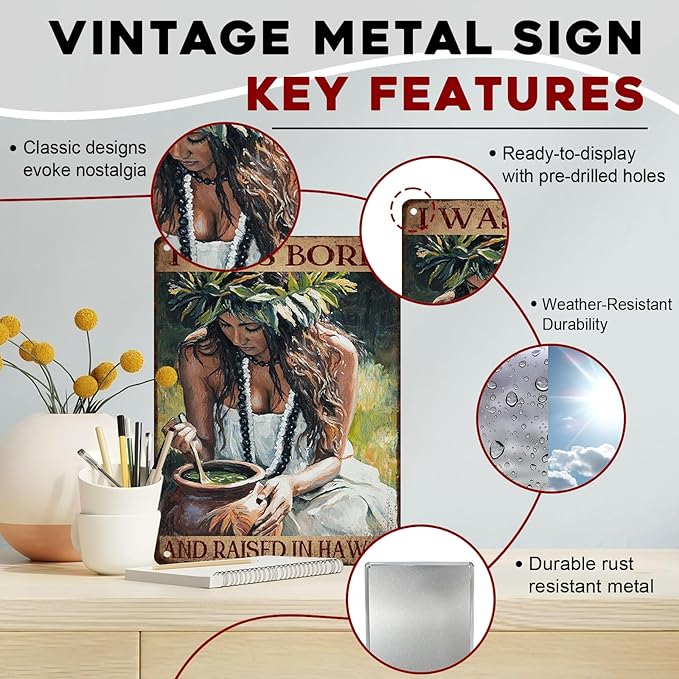 Vintage Metal Tin Sign Hawaii Wall Decor Rustic Retro Island Theme I Was Born and Raised in Hawaii Quote 12x16inch