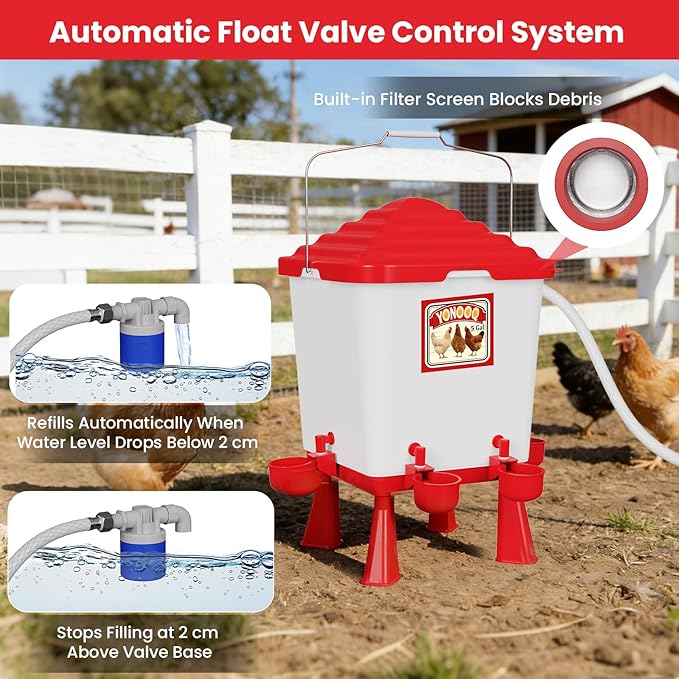 5 Gallon/26 Pounds Automatic Chicken Feeder and Waterer Set, Chicken Waterer with Automatic Float Valve, No Waste, Rain Proof Poultry Feeder, Chick Coop Accessories, for Chicken, Duck, Turkey