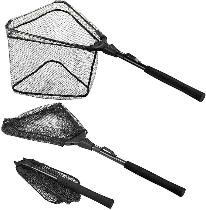 PLUSINNO Fishing Net Fish Floating Landing Net, Kayak Nets with Fixed Foldable Telescopic Pole Handle, Bass Trout Fishing Nets with Nylon Mesh for Pond Lake River, Fishing Gear Gifts for Men Anglers