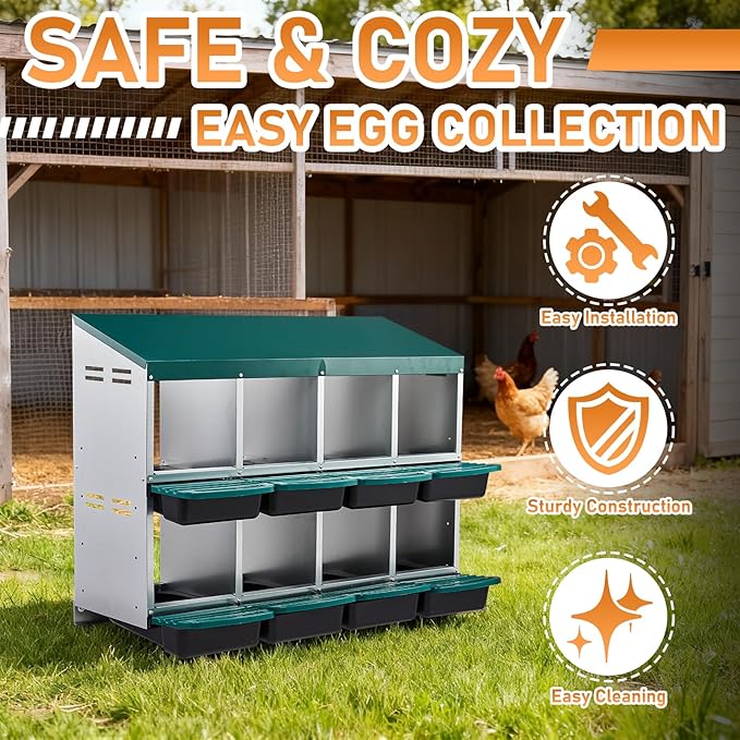 Outvita Chicken Nesting Boxes, 8 Compartments Metal Nesting Boxes for Chickens with Metal Legs, Wall Mount for Laying Eggs with Swing Perch and Roll Away Egg Collection for Chicken Coop, Green