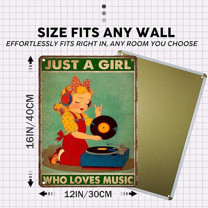 Vintage Music Tin Sign Just A Girl Who Loves Music Retro Girl Metal Poster Nostalgic Wall Decor Wall Art For Home Cafe Bar Living Room Bedroom Pub Club 16 * 12In