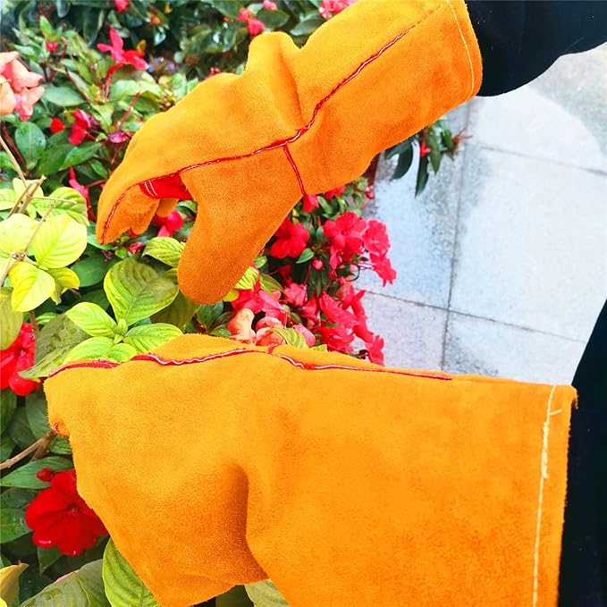 Bite Proof Glove Welding Gloves (1 Pair) 17.5 inches Leather Reinforced for Gardening Work Animal Handling Dog Cat Scratch (Brown)