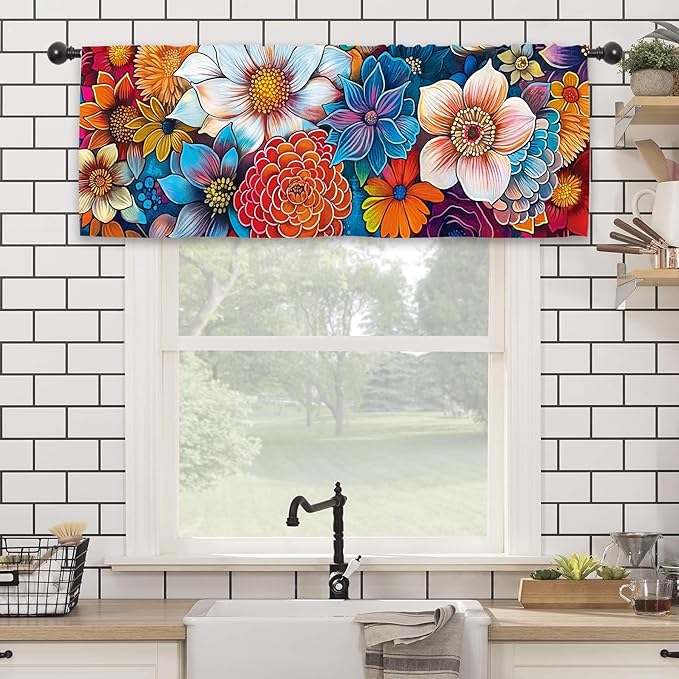 Bohemian Colorful Flower Kitchen Curtain Valance 54W x 18L Inch Blossom Botanical Plant Vintage Rod Pocket Short Cafe Small Window Treatment Drapes Decor