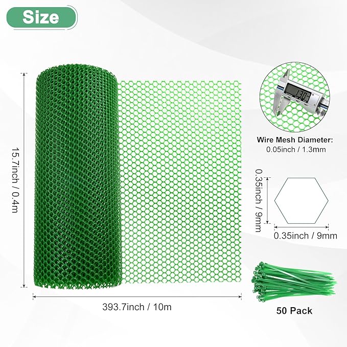 1-Pack Floral Chicken Wire Mesh, 15.7 in x 33 ft Plastic Hexagonal Chicken Wire Fencing with 50 Garden Ties for Crafts/Poultry Netting/Garden/Plant Protection [Green]