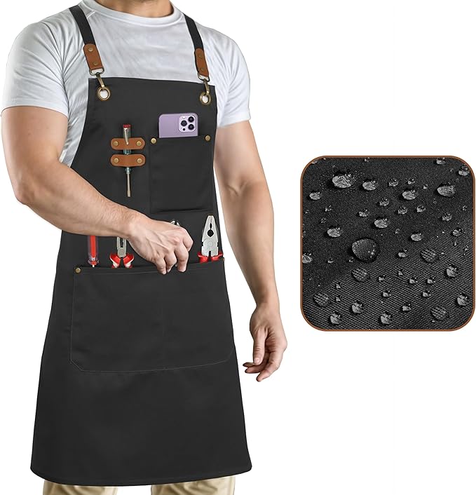 RUVANTI Work Apron for Men, Oil & Water Repellent, Poly Cotton Cross Back Aprons for Women with Pockets, Adjustable up to XXL