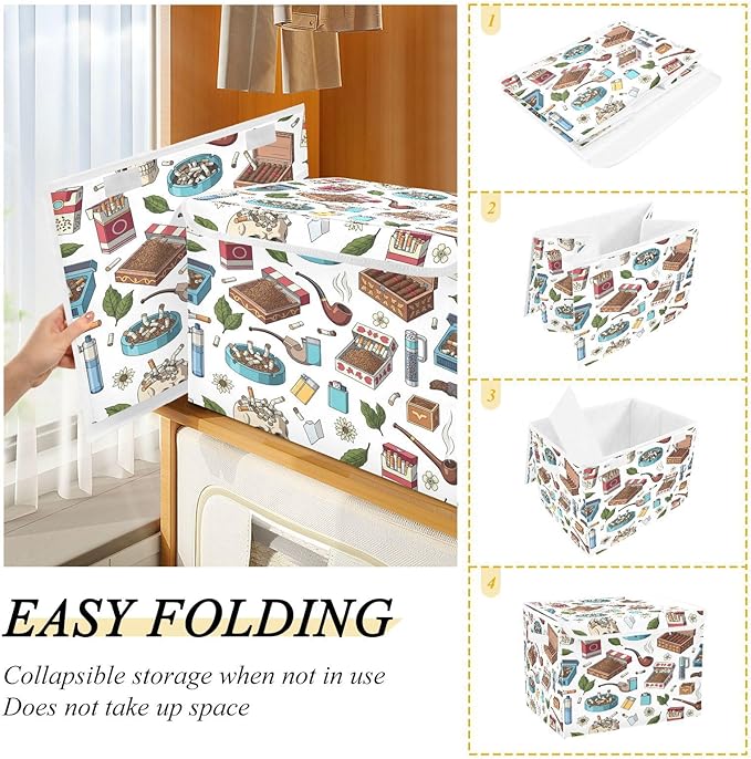 Pipes Skulls Leaves Ashtrays Storage Bins with Lids Foldable Storage Basket with Handles Collapsible Large Fabric Organizer Containers for Clothes Shelves Closet Office Home
