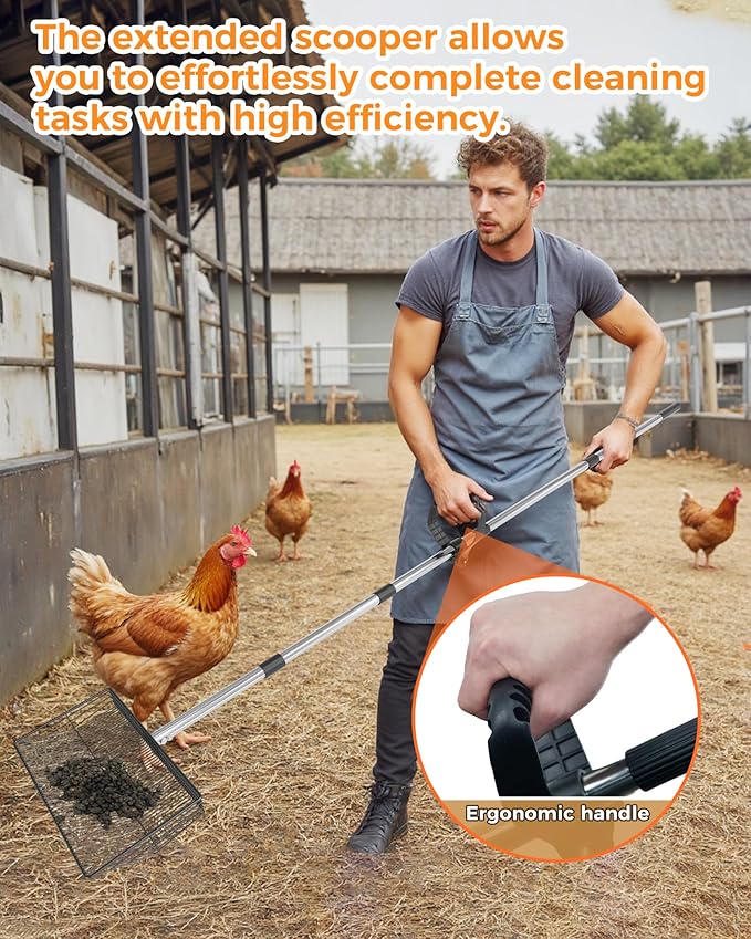 15-inch Large Chicken Poop Scooper, Heavy Duty Adjustable Chicken Coop Scoop for Sand with Ergonomic Grip,Metal Chicken Coop Scoop with 24 to 68"