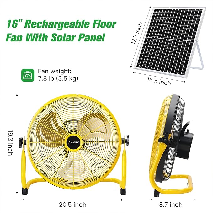 16" Large Solar Rechargeable Floor Fan for Home Outdoor Camping Gazebo Greenhouse Barn Poultry Pet House Cooling or Air Circulation