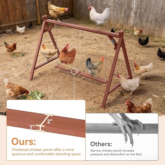 PETSFIT Wooden Solid Chicken Perch & Roosting Bars with 2 Swings, 50"x30"x34" Coop Toy for 6–8 Hens, Multi-Level Stand Encourages Exercise & Natural Behavior, Easy to Assemble & Clean,Outdoor Use
