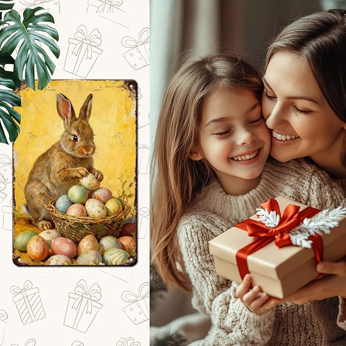 YoyaVex Easter Bunny Metal Sign Vintage Farmhouse Decorative Eggs Rustic Wall Art For Home Cafe Restaurant Garage Patio Garden Decor 8X12Inch