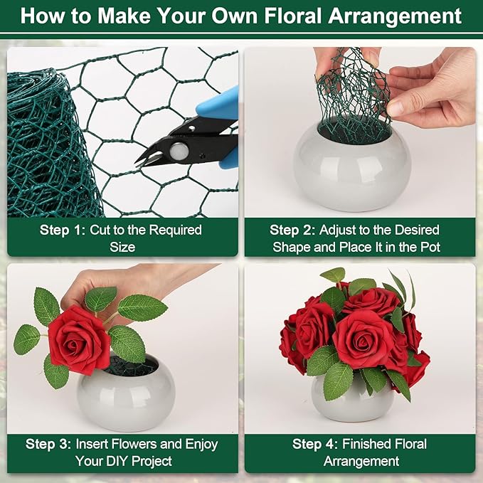 Floral Chicken Mesh for Craft, 4 x 236 Inch Galvanized Hexagonal Netting Roll, Lightweight Garden Poultry Fence for Coop & Rabbit, Metal Mesh Kit with Gloves, Ties and Plier