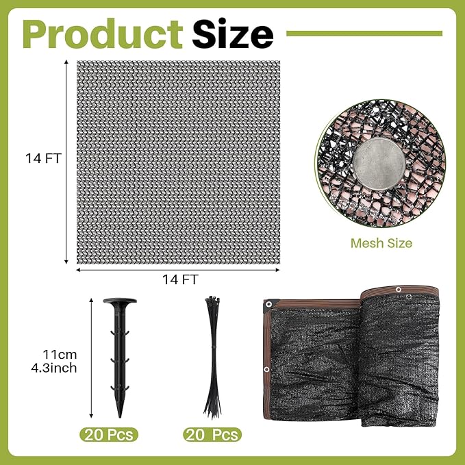 Koi Pond Netting Kit 14 x 14ft, Heavy-Duty Pe, Bird Deer Fence Netting, Durable Net Cover for Leaves, Protect Fish from Blue Heron Bird, Cats & Predators, Stakes & Ties Included