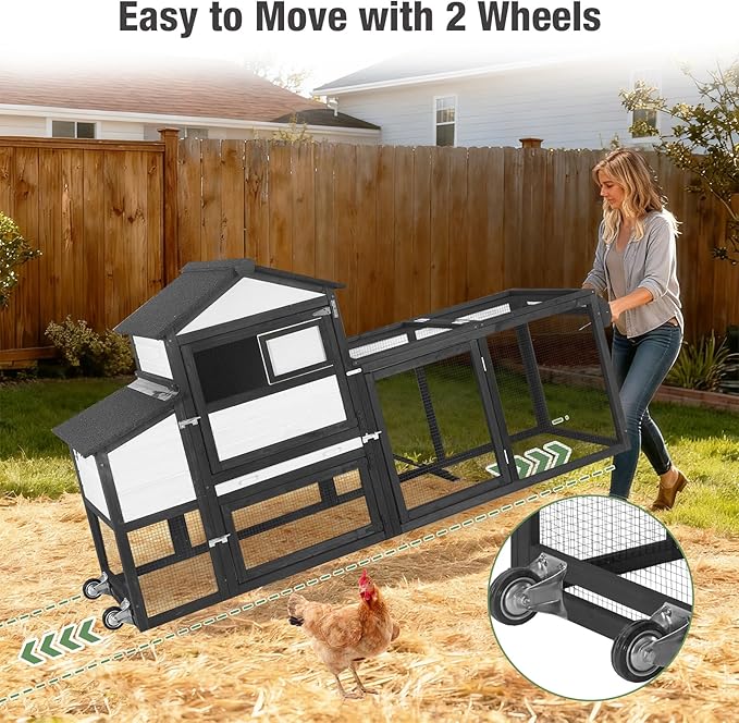 Mobile Chicken Coop Wooden with Wheels, Expandable Outdoor Chicken Tractor with Nesting Box & Pull-Out Tray, Easy-Clean Poultry Coop for 2–3 Chickens & Ducks