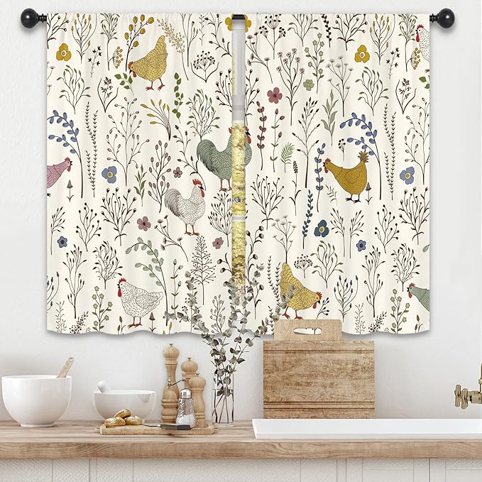 Rooster Chicken Leaves Kitchen Curtains 27.5W x 39L Inch Plant Botanical Rustic Farmhouse Cottagecore Rod Pocket Short Small Window Treatment Drapes Decor 2 Panels
