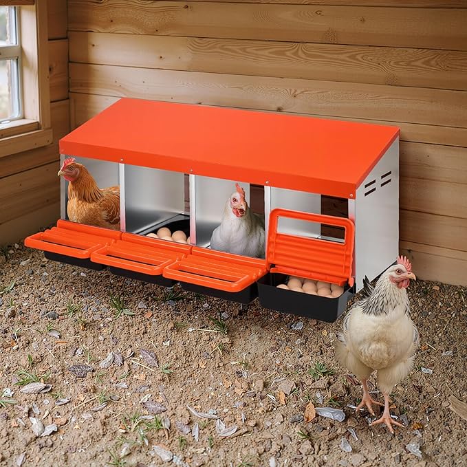 VEVOR Chicken Nesting Boxes, 4 Compartments, Metal Egg Laying Boxes with Protective Collection Lids, Roll Out Nesting Box, Easy to Assemble, Ideal for Hens, Ducks, Chickens, and Other Poultry, Orange