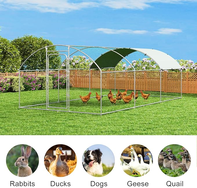 Large Metal Chicken Coop Walk-in Poultry Cage with Waterproof and UV-Resistant Cover, Outdoor Chicken Run Poultry Hen House for Backyard Farm Use,Dome Roof(10’ W x 19.7’ L x 6.4’ H)