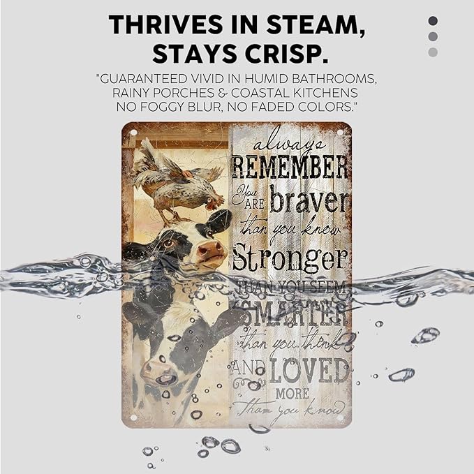 Vintage Inspirational Tin Sign Always Remember You Are Braver Retro Cow Metal Poster Rustic Chicken Nostalgic Metal Sign Wall Decor For Home Farmhouse Farm Room Cafe Bedroom 16 * 12In