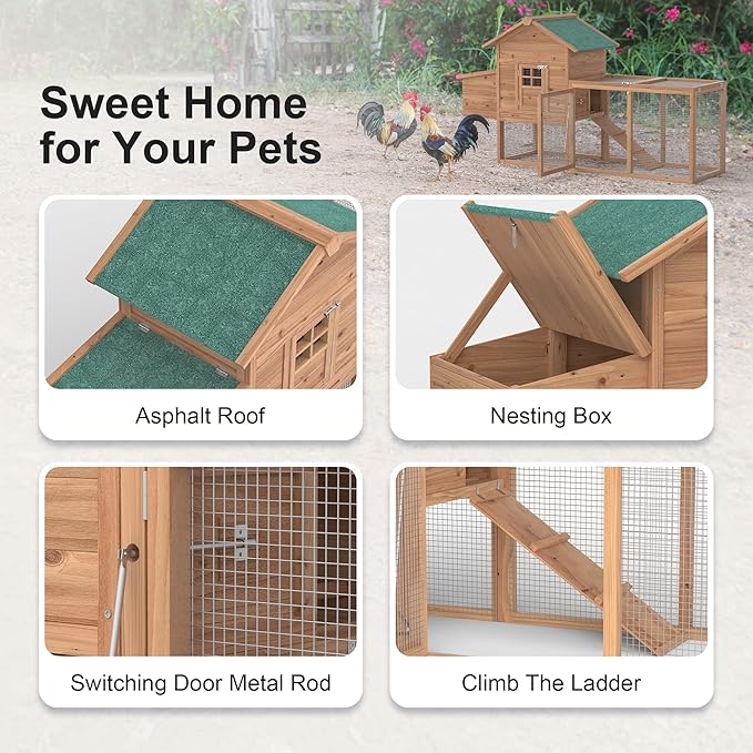 GOJOOASIS 80" Chicken Coop for 2-4 Chickens Outdoor Wooden Hen House Poultry Pet Hutch for Backyard w/Run Cage & Nesting Box(A)