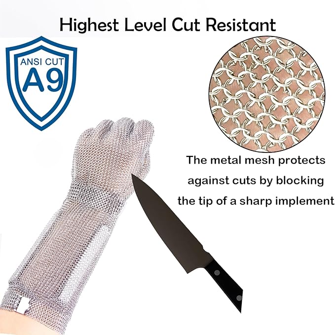 15cm Long Chainmail Glove for Butcher, Finger Protective Safety Work Glove, Cut Resistant Glove Food Grade,316L Stainless Steel Metal Mesh Gloves with Metal Craw (L)