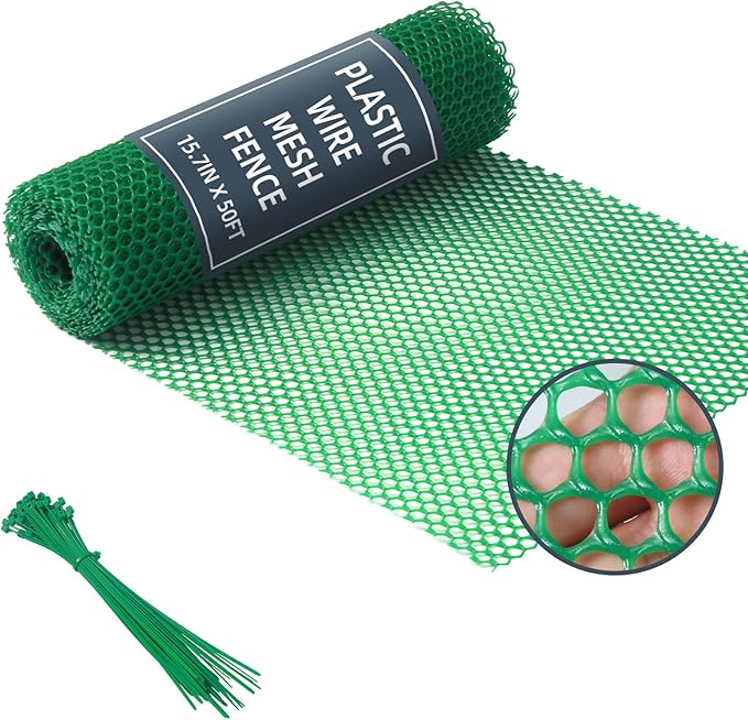 Plastic Wire Mesh Fence, 1.3ft x 50ft /15.7in x 600in Plastic Chicken Wire Fence Mesh Versatile Plastic Fencing Wire Netting Poultry Animal Barrier Fence with 150 Zip Ties for Garden & Farm, Green