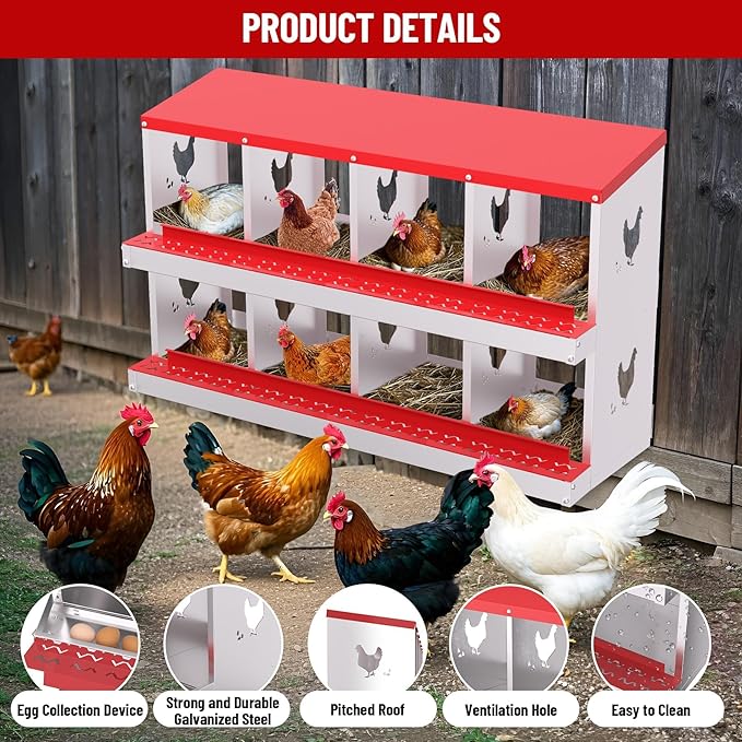 8-Compartment Metal Chicken Nesting Box - with Perch, Secure Lid & Metal Legs, Wall-Mount or Free-Standing Nesting Boxes for Hens
