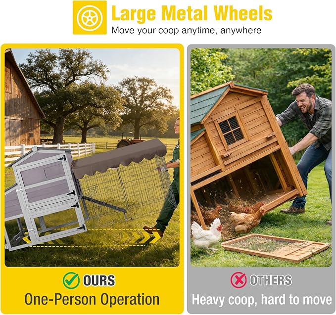 Aivituvin Chicken Coop with Wheels Mobile Hen House Poultry Cage for 2-4 Chickens with Metal Run and Nesting Box 79" L