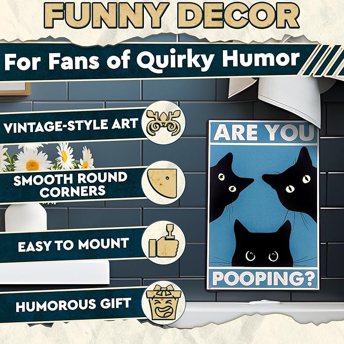 Are You Pooping Sign - Funny Cat Bathroom Sign with Anti-Rust Coating 12 x 8 Inch - Black Cat Decor for Home, Metal Wall Plaque for Toilet Decor, Cat Wall Art – Humorous Farmhouse Funny Bathroom Art