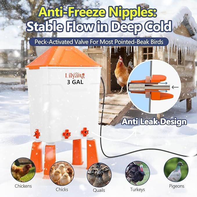 Lilyang Heated Chicken Waterer 3 Gallon, 250W Chicken Water Heater with Thermostat Control, Freeze-Proof Poultry Drinker for Winter, Hanging/Standing Use