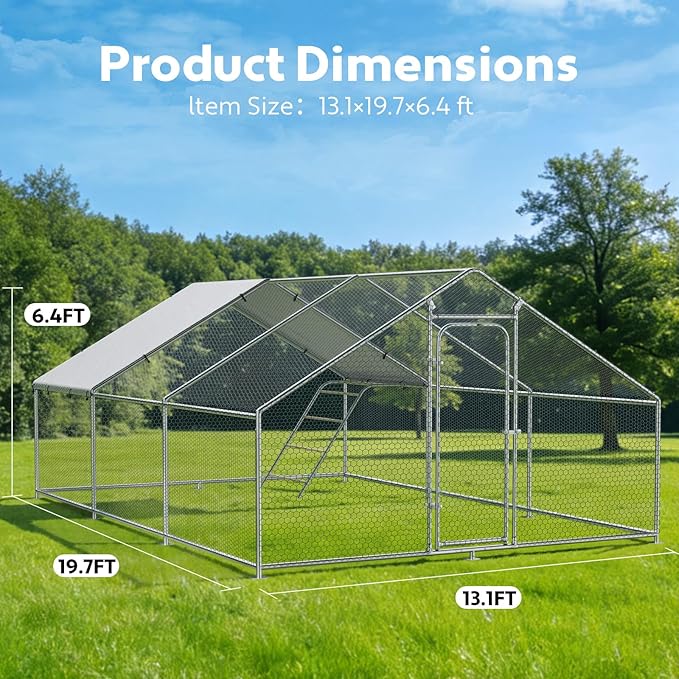 Large Metal Chicken Coop with Perch, Chicken Run Pen Walk-in Poultry Cage with Waterproof & Anti-Ultraviolet Cover for Outdoor Farm Use,Spire Roof(19.7" W x 13.1" L x 6.4" H)