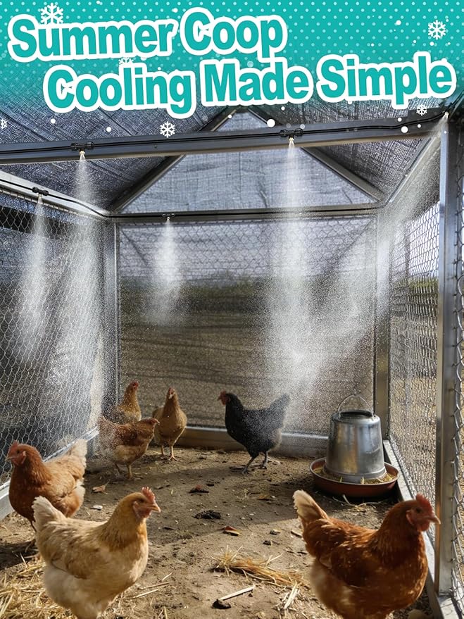 Pre-Assembled Chicken Coop Misting System for Cooling - Leak-Resistant Mist Hose Kit for Summer Poultry Heat Relief, Included 16.4ft Line, 3/4" Adapter, 4 Brass Nozzles, Filter Gasket Accessories