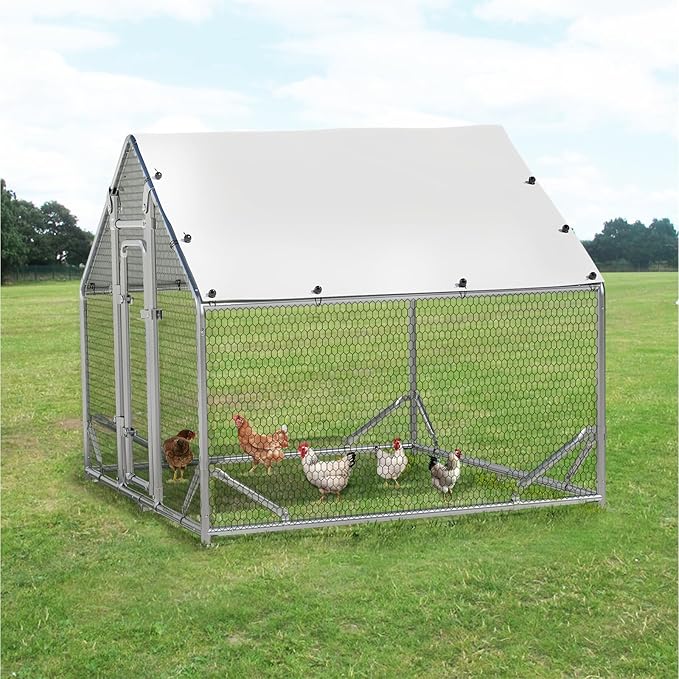 LEMBERI Metal Chicken Coop Spire Roof Walk in Chicken Run Pen for 6 Chickens, Galvanized Rabbits Duck Poultry Cage with Waterproof Cover for Outdoor,Backyard and Farm