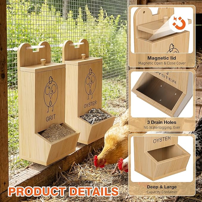 2Pack Chicken Grit Feeder, Wooden Oyster Shell with Magnetic Lid and Drain Holes, Hanging Gravity Chicken Grit Feeder, Coop Accessories for Hens and Chicks