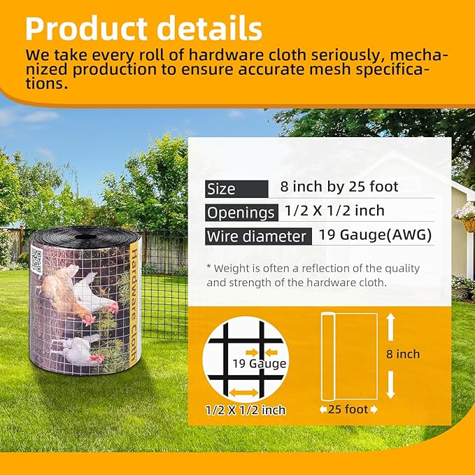 8in x 25ft Black Hardware Cloth 1/2 inch 19Ga PVC Coated Wire Mesh Vinyl Coated Fence, Welded Metal Chicken Wire Fencing Roll, Garden Plant Fencing, for Chicken Coop and Home Improvement