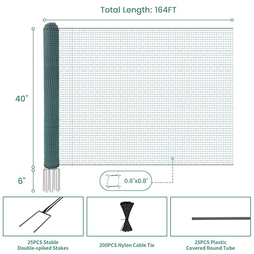 Non Electric Fence Netting 40" x164', Boundary Fence with Double Spiked Posts, Portable Poultry Fence All-Purpose Fencing for Dogs, Chickens, Ducks, Turkeys Suitable in Backyard, Garden, Farm