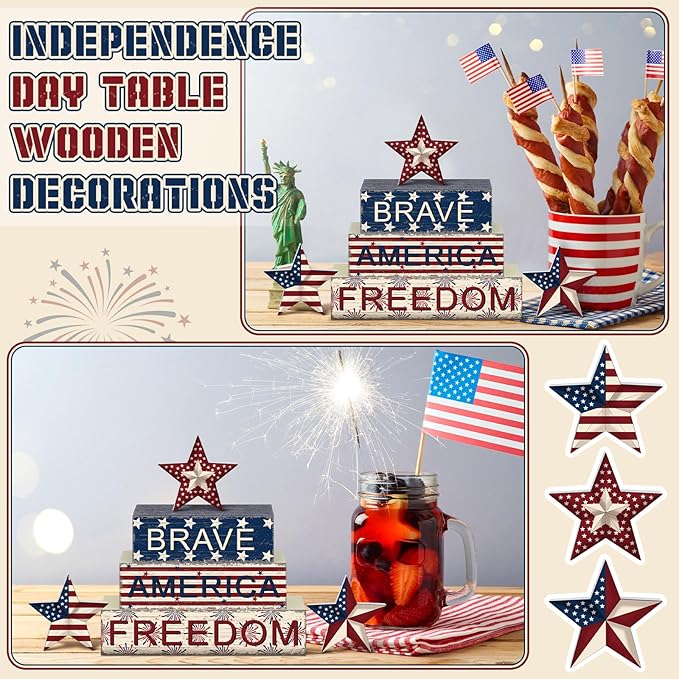 Geelin 4 Pieces 4 of July Table Decorations Patriotic Memorial Day Wooden Block Signs Red White Blue Tabletop Centerpieces Farmhouse Independence Day Tiered Tray Decor for Home 250th Anniversary