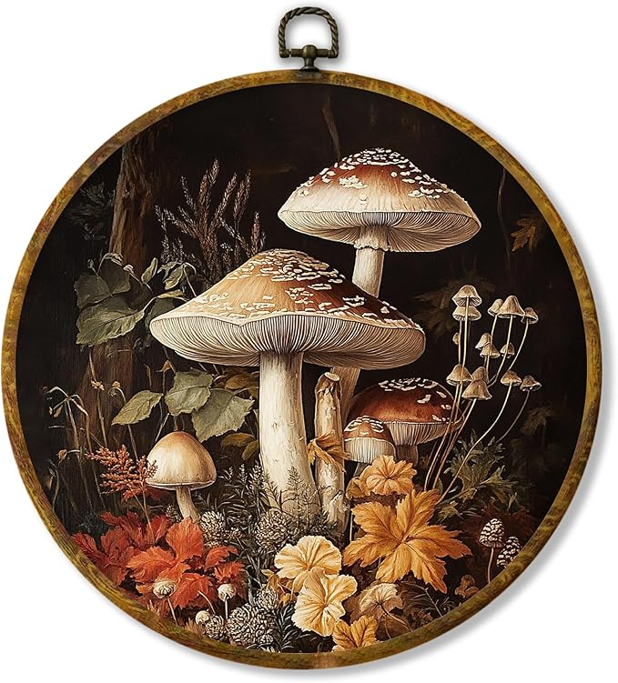 Hiuwevt Cottagecore Moss Mushroom Round Wall Art Decor, Vintage Moody Dark Academia Framed Canvas Prints, Rustic Forest Agaric Round Wall Hanging Decor for Bedroom Home Decorations, 10x10 Inches