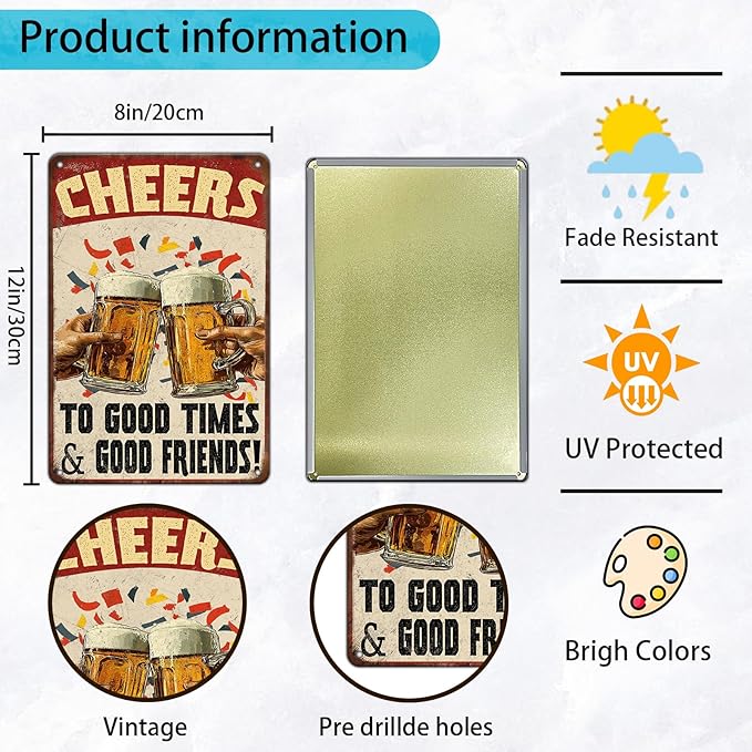 Cheers Beer Iron Sign Poster Cheers Beer Toast Metal Tin Sign Cheers Beer Toast Sign Home Decor Garage Bar Restaurant Kitchen Cafe Bar Pub 12x8 Inch Wall Art Decor