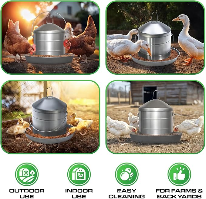 Plexon 17.6 Lb Poultry Feeder Stainless Steel Hanging Chicken Feeder no Waste Food-Grade with 10 Gallon Galvanized Storage Bucket with Locking Lid for Bird Seed Chicken Feed, Bundle