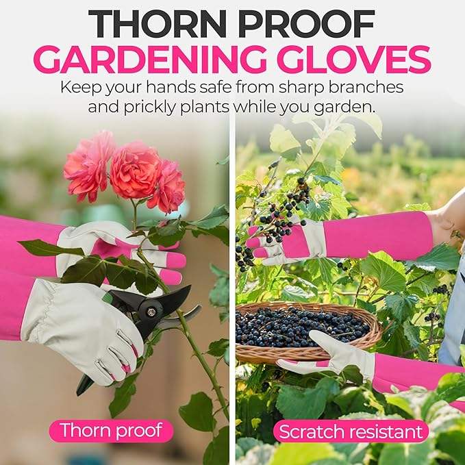 HANDLANDY Rose Pruning Gardening Gloves for Men & Women, Thornproof Long Gauntlet Gloves, Pigskin Leather - Breathable & Durability (Medium)