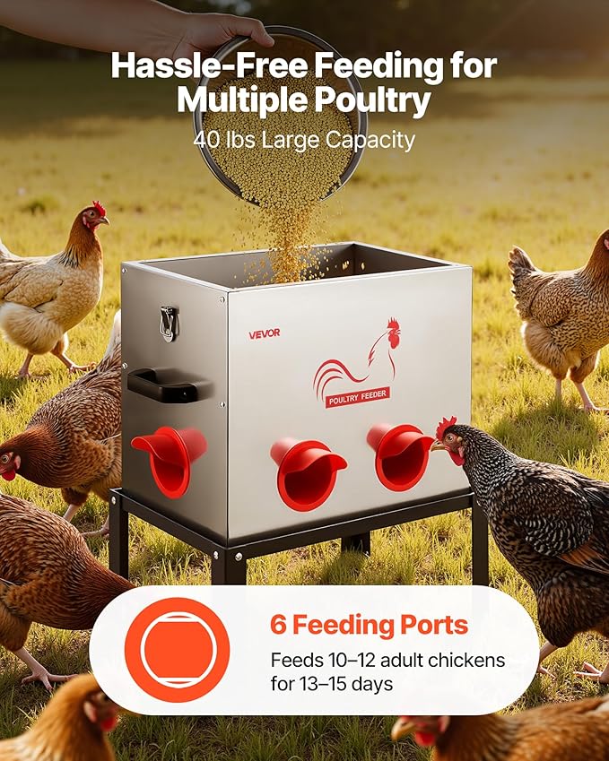 VEVOR Automatic Chicken Feeder, 40 lbs Capacity, 6 Feeding Ports No-Waste Poultry Feeder with Built-in Divider, with Latch & Handle, Metal Construction, for Chickens Bantams Pheasants Poultry Coop