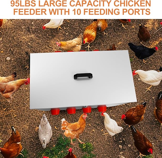 Chicken Feeder Metal, 95LB Large Chicken Feeder with 10 No Waste Feeding Ports, Galvanized Chicken Feeders with 4 Adjustable Legs & Locking Lid