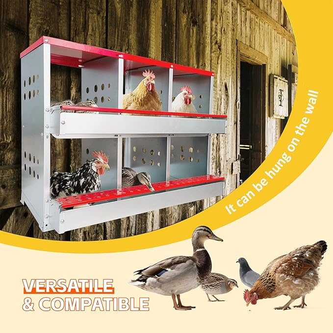 Chicken Nesting Boxes,6 Compartments Metal Chicken Laying Box with Roll Out Egg Collection with Large Vented Holes for Chickens, Hens, Ducks, Large Egg Laying Boxes (6 Compartments)