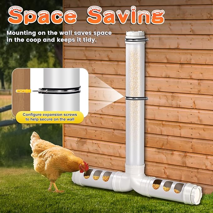 PVC Chicken Feeder No Waste 13lbs Automatic Poultry Chicken Coop Feeder 6 Feeding Port Gravity Poultry Feeding Trough for Ducks Turkeys Geese Quails Pigeon