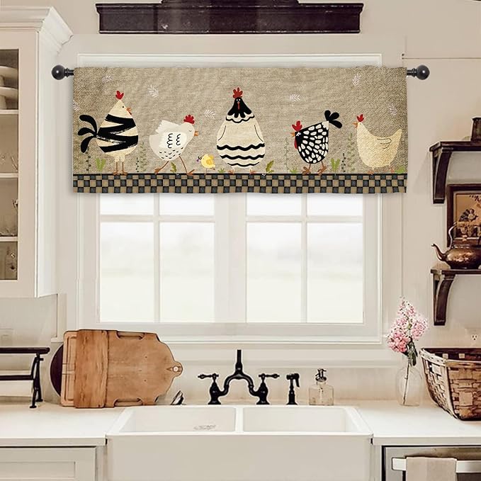 Miyotaa Rooster Farmhouse Kitchen Curtain Valance 54W x 18H Rod Pocket Rustic Farm Chicken Rural Country Plaid Window Treatment for Living Room Bedroom Bathroom Laundry