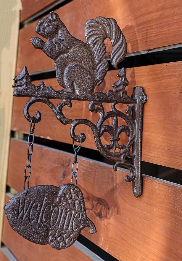Ebros Gift Cast Iron Rustic Scroll Art Vintage Western Country Farmhouse Cottage Squirrel With Welcome Sign Acorn Fleur De Lis Wall Bracket Indoor Or Outdoor Farm Ranch Accent